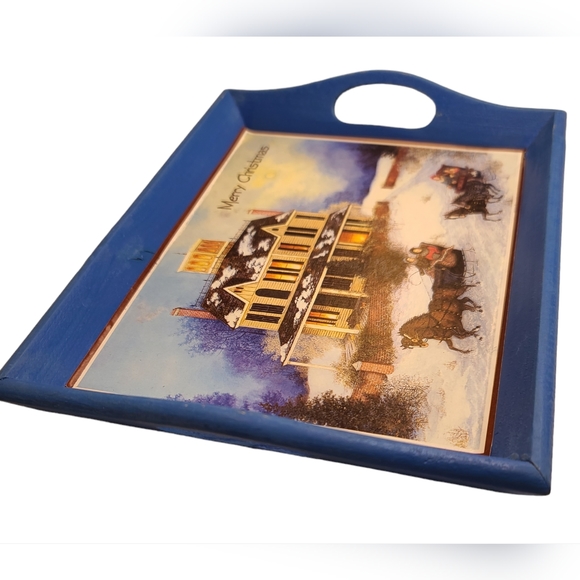VINTAGE y2k Merry Christmas, Wood Mini Blue Tray Novelty Holiday Decor - Picture 3 of 4